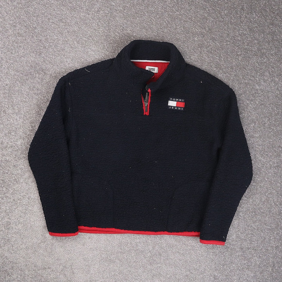 Womens Tommy Hilfiger Jeans High Pile Logo Small Blue Long Sleeve 1/4 Zip Jacket - Picture 1 of 10
